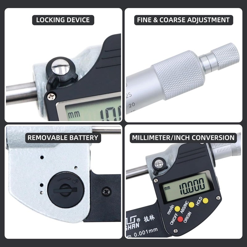 MIORIT SHAN 0-1 Digital Micrometer，0.00005" /0.001mm Resolution，Professional Digital Outside Micrometer with Carbide Tip 0-1" (0-25mm) Range, Digital Caliper is Ideal Inspection Tools - Image 3